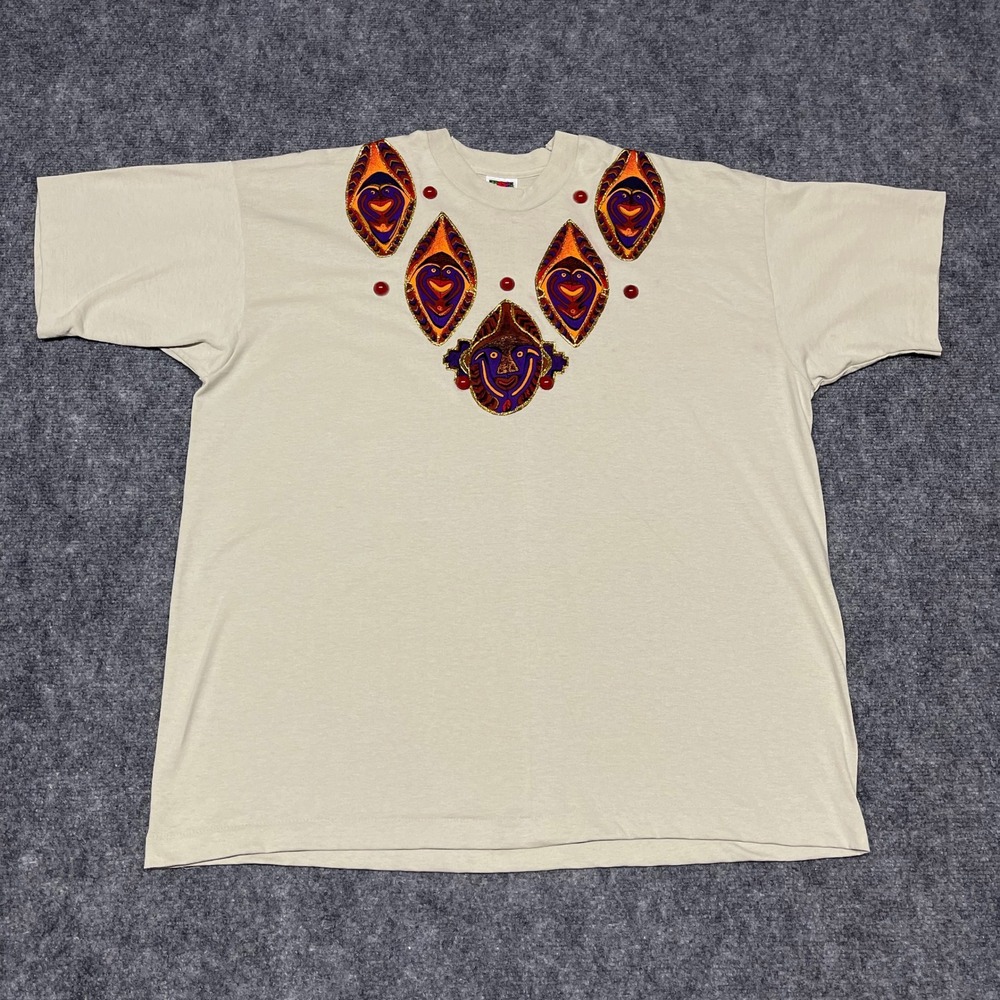 VTG FOTL‎ T-Shirt Womens Tan Indigenous Tribal Mask Embellished XXL Made in USA